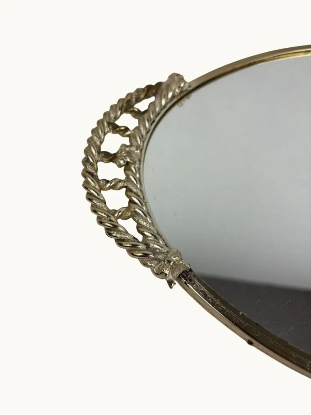 Vintage Hollywood Regency Gold Rope Mirrored Vanity Tray Oval